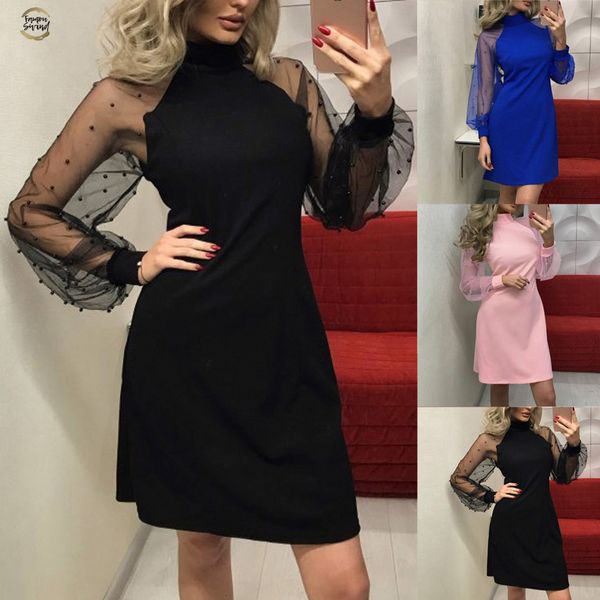 

dresses women's autumn spring dress for women women's pearl beading mesh sleeve dress long sleeve a-line mini party dress designer, Black;gray
