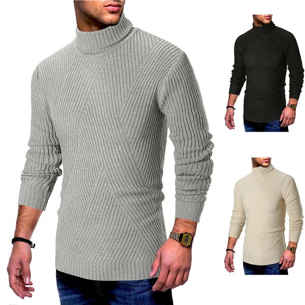 

autumn and winter new fashion solid color striped high collar neck long sleeve pullover men's sweater, White;black