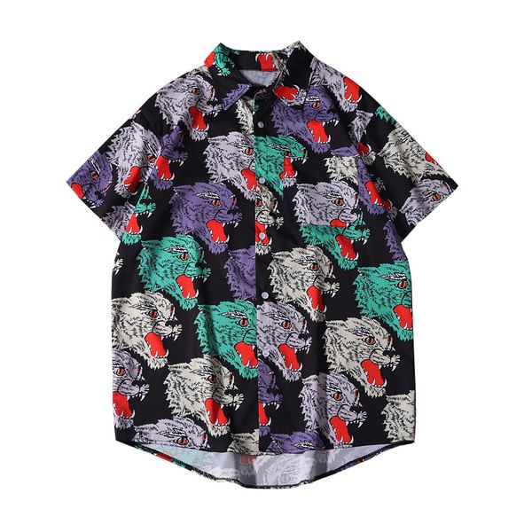 

черный ужас тигр уличная лето с коротким рукавом рубашки мужчины женщины harajuku отложным воротником гавайская одежда мода повседневная топ, White;black
