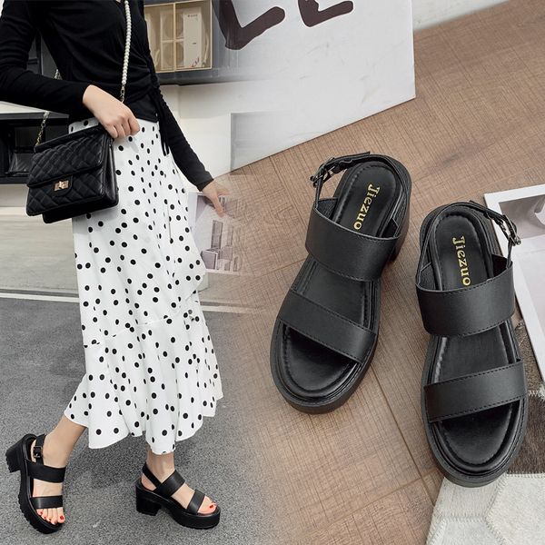 

2020 sandals female shoe with heel ladies shoes summer open toe block heels espadrilles platform med women's woman thick, Black