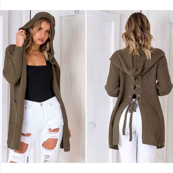 

autumn and winter new europe and the united states 2018 cardigan sweater women's loose hooded long knit sweater after the strap, White;black