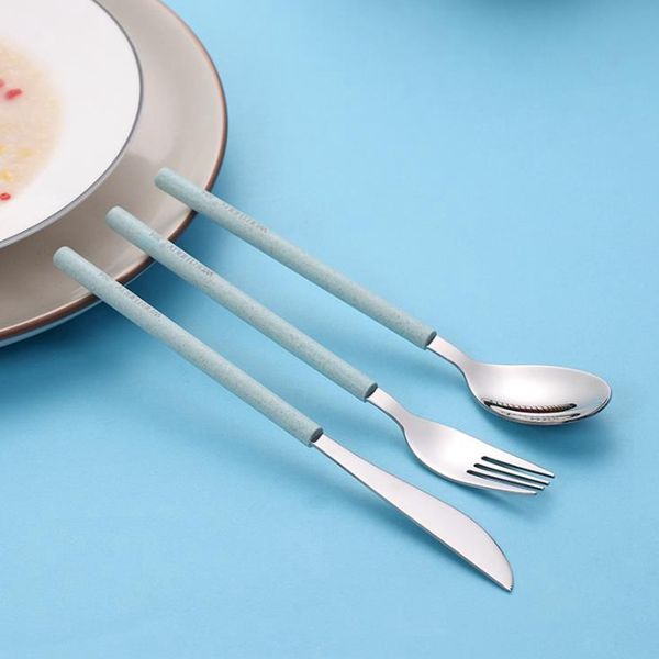 

cutlery set 304 stainless steel tableware with wheat straw handle knife fork spoon dinner set kitchen dinnerware green blue pink beige set