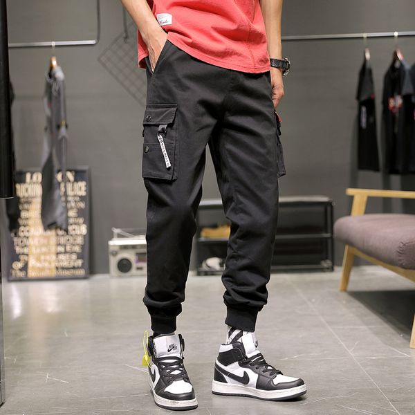 

summer ankle-length men's pants multi-pockets cargo pants men black skinny joggers streetwear trousers