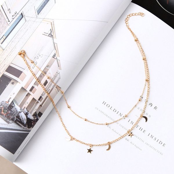

wholesale 2019 new fashion necklace punk necklace gold/silver simple double moon star short necklace sale acero inoxidable mujer, Golden;silver