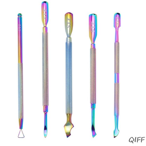

5 styles dual-ended rainbow cuticle pusher metal nail art uv gel remover peeler scraper professional manicure pedicure care tool