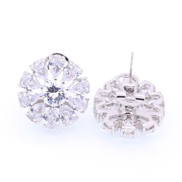 

jfashion-luxurious round flowers earrings for women bridal sparkling zircons rhinestones stud earrings wedding accessories jewelry, Golden;silver