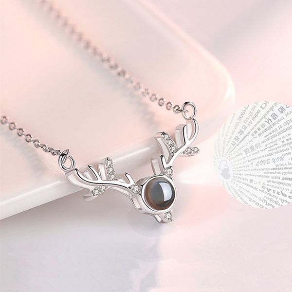 

cute 100 languages i love you projection women necklace pendant long chains deer necklaces pendants for gift jewelry, Silver