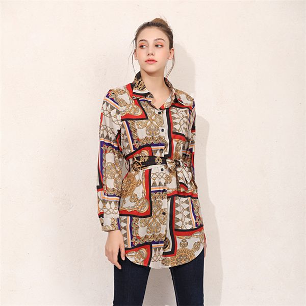 

Bowknot Cardigan Women Blouses Summer Loose Button Printed Lapel Neck Shirts Long Sleeve Ladies Party Street Clothing