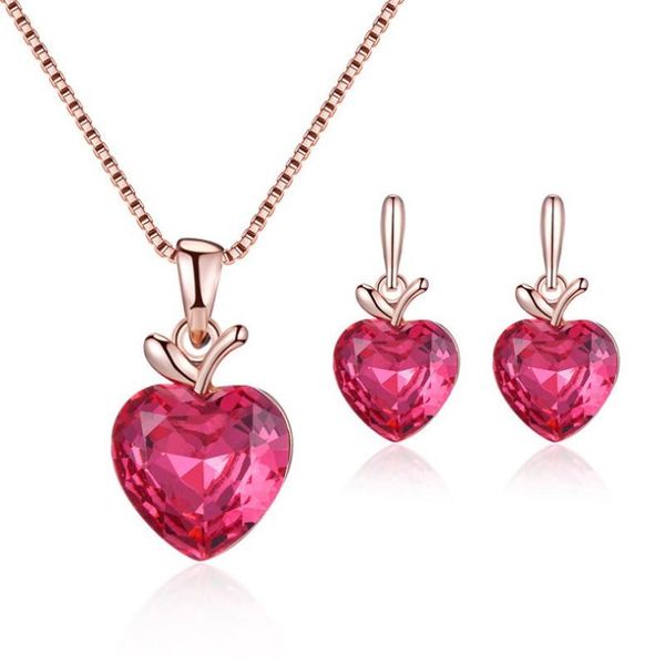 

european and american new fashion personality alloy peach heart pink crystal woman necklace set, Silver