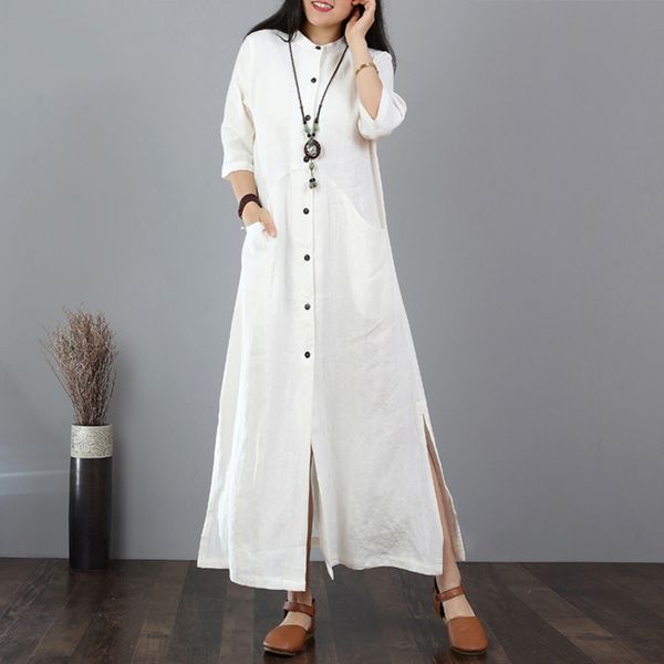 

women long maxi dress mandarin collar long shirt dresses long sleeve cotton linen vestido kaftan button up robe plus size, Black;gray