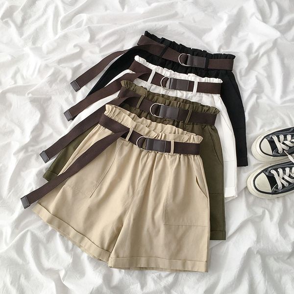 

harajuku casual summer shorts women fashion high waist wide leg trouse with belt fashion khaki black shorts cotton bottoms, White;black