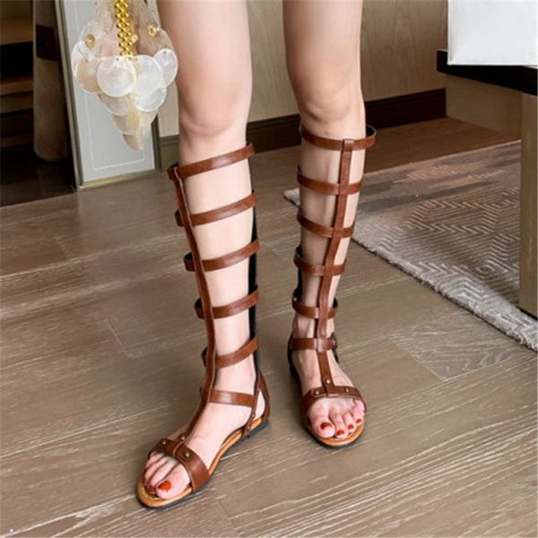 

pxelena women rome knee high gladiator sandals flat casual comfort hollow out punk gothic shoes rivet black brown large size 45