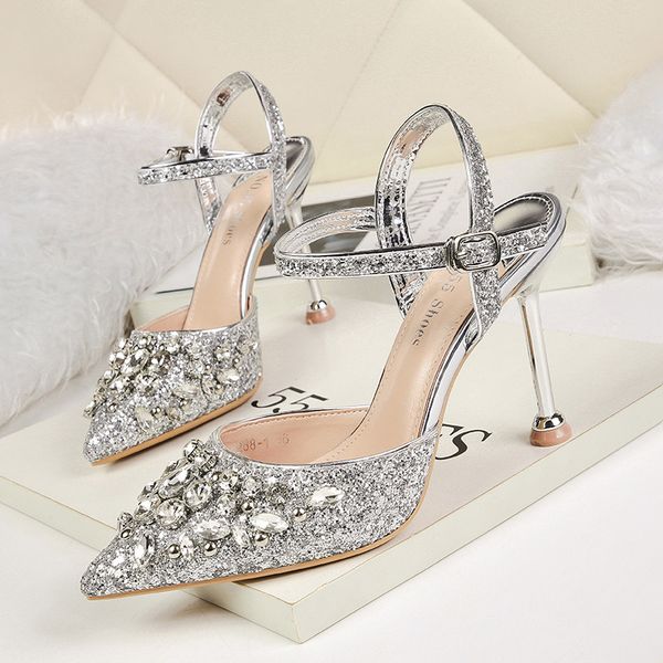 

european and american pointed shallow high-heeled shoes nightclub thin sequined sandals slim slim heels rhinestone temperament shoes, Black