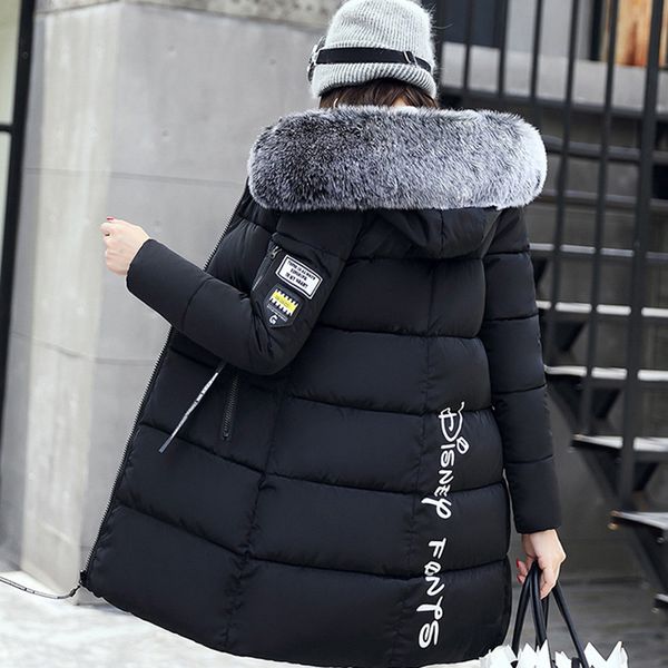 

voobuyla winter women plus size 3xl hooded coat fur collar thick warm long jacket female outerwear parka chaqueta feminino 2019, Black