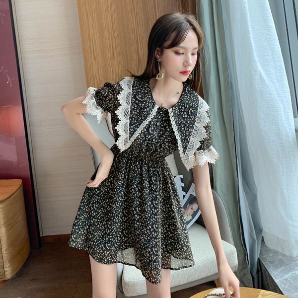 

french retro niche lace stitching floral dress female spring new ladies temperament short-sleeved chiffon dress womens clothing, Black;gray