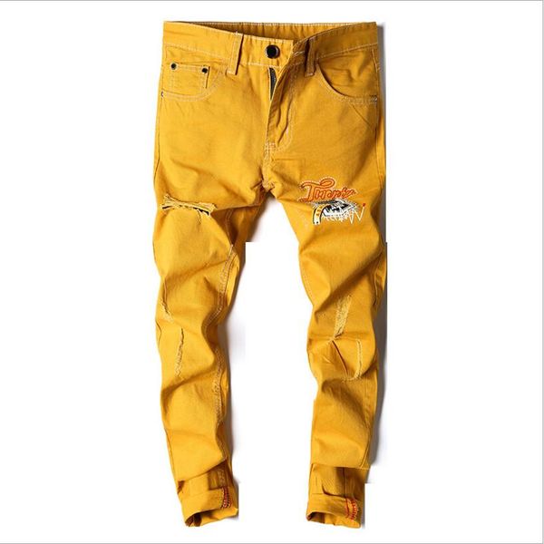 Jeans skinny da uomo Pantaloni jeans in denim giallo Pantaloni da uomo di buona qualità Stretch Jeans lunghi slim Moda stile High Street