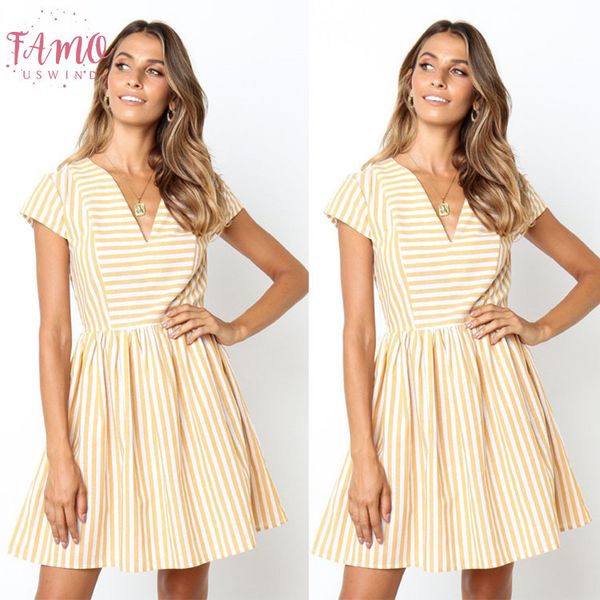 

2020 short sleeve v neck yellow striped dress vacation v neck casual loose dress woman summer sundress drop shipping, Black;gray