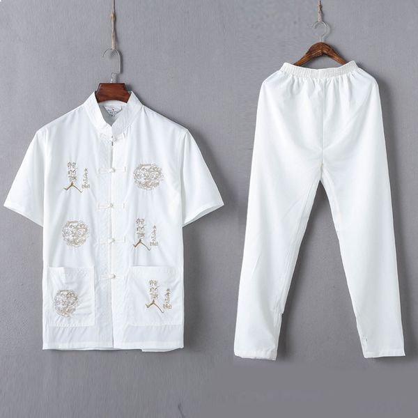 

casual mandarin collar short sleeve shirt&pant for men oriental male dragon tang suit chinese traditional clothing, Gray