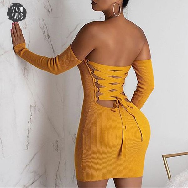 

dress knitted off shoulder bodycon women backless lace up mini twill dress elegant female summer club party dress vestido, Black;gray
