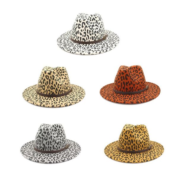 

leopard felt trilby hat women camel woolen jazz hat with belt vintage autumn winter female panama cap, Blue;gray