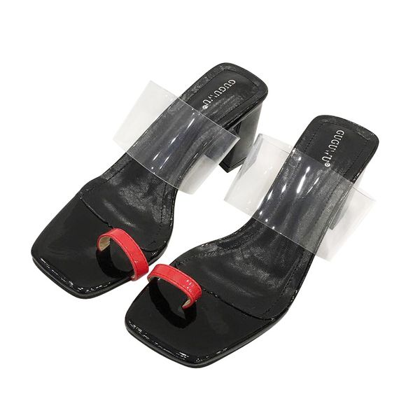 

summer new european and american square head transparent slippers fashion trend high heel sandals, Black