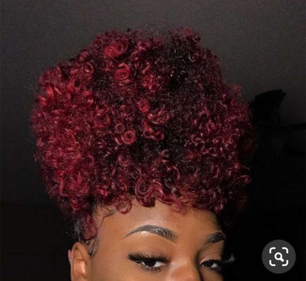 Breve alta coda di cavallo afro soffio bordeaux rosso alta qualità afro crespi ricci coulisse coda di cavallo panino updo 140g-100g