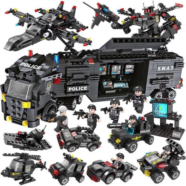 

kz building block model toy, eagle swat team helicopter, polic car, truck, 8 in one diversified combination, for kid birthday christmas gift