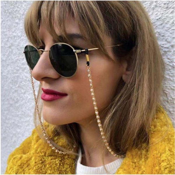 

eyeglasses chain white plastic pearl charm inside middle metal chain gold color plated silicone loops sunglass accessory
