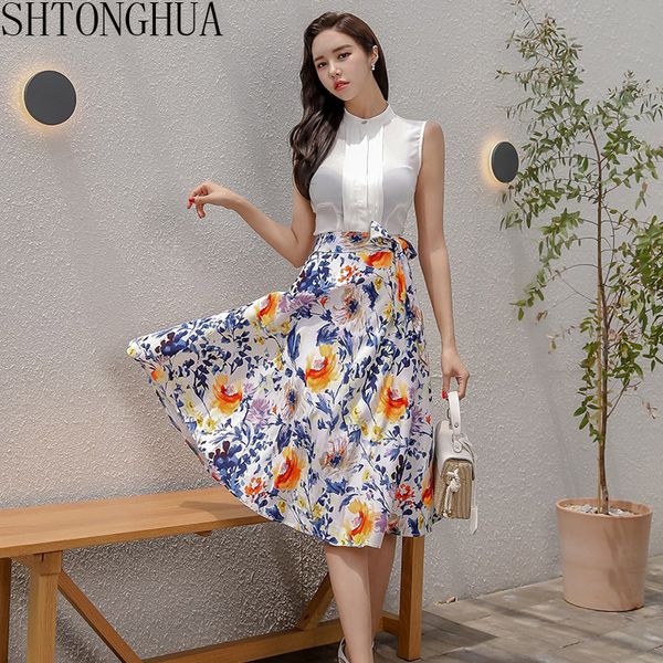 

2020 summer women's two pieces suits stand collar sleeveless white shirt crop + high waist lace up print skirt work set