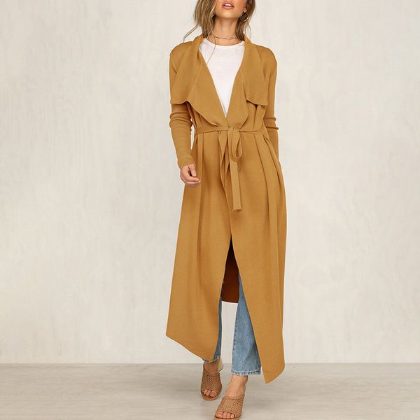 

european and american vintage ladies large lapel belt irregular large size in the long windbreaker coat 2019 spring and autumn coat, Tan;black
