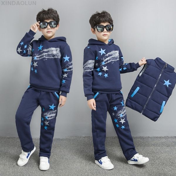 

boys fall winter clothing 3 pcs set children's velvet thickened clothes 6-15yrs teenager kids vest coat + sweatshirt + pants p24, White