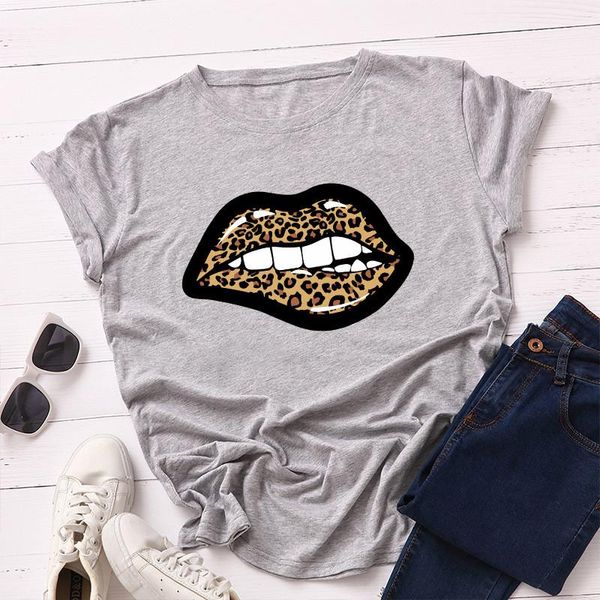 

tshirts fashion crew neck short sleeved cute casual loose tees leopard lip print womens designer, White
