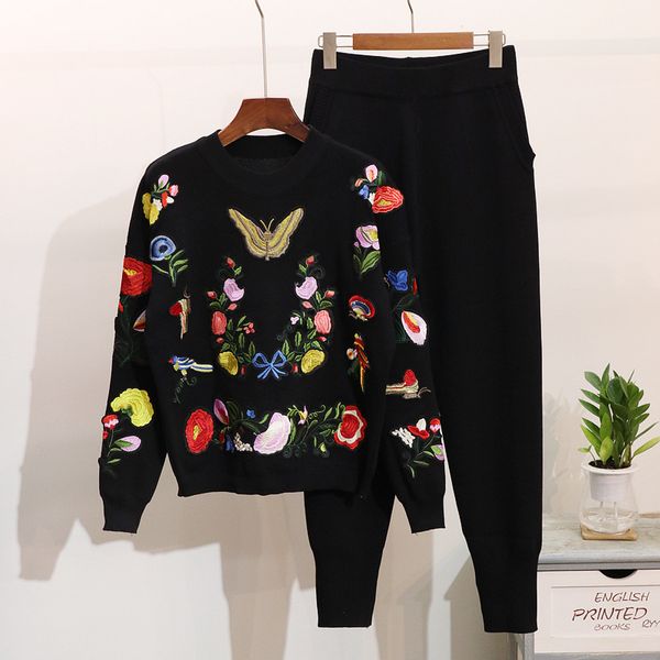 

two piece dress spring women knitted set black tracksuit korean embroidery butterfly flower long sleeve sweater pencil pants, White