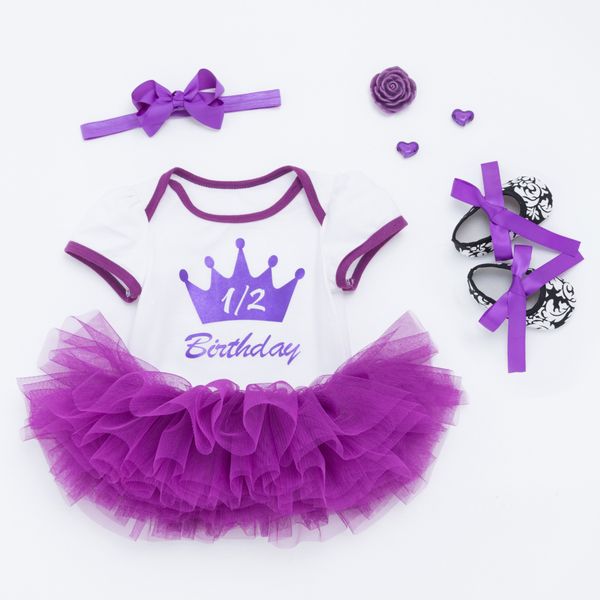 

baby 1st birthday princess tutu skirt 0-24 month newborn infant rompers dress purple crown rompers+purple tutu skirt+shoes+headband=4pcs/set, Blue