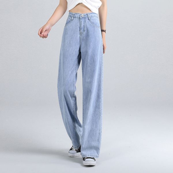 

2020 autumn new high waist straight jeans women autumn blue casual loose wide leg jeans trousers striped palazzo pants summer