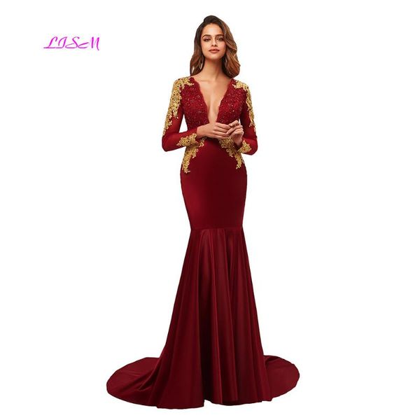 

elegant mermaid evening dresses deep v-neck long sleeves satin prom dress gold appliques beaded formal party gowns, White;black