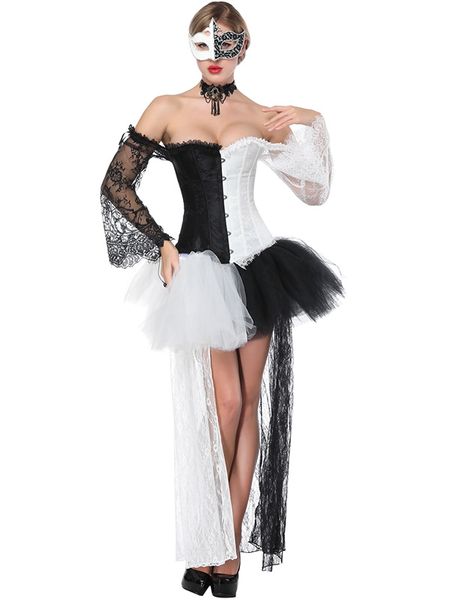 Halloween Burlesque Sheer Flare Pizzo floreale Manica lunga Lolita Ruffle Off-spalla Reggiseno push up Abito corsetto Donna Danza Corsetto Gonna Set