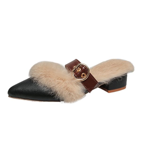 

buckle womens pointed slippers fur cover slippers casual warm winter shoes furry bare upper flat outdoor shoes #zc, Black