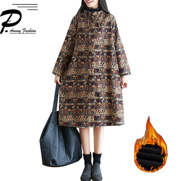 

new 2019 autumn& winter large size women's loose plus velvet thickening retro chinese style cotton and linen printing coats, Black;white