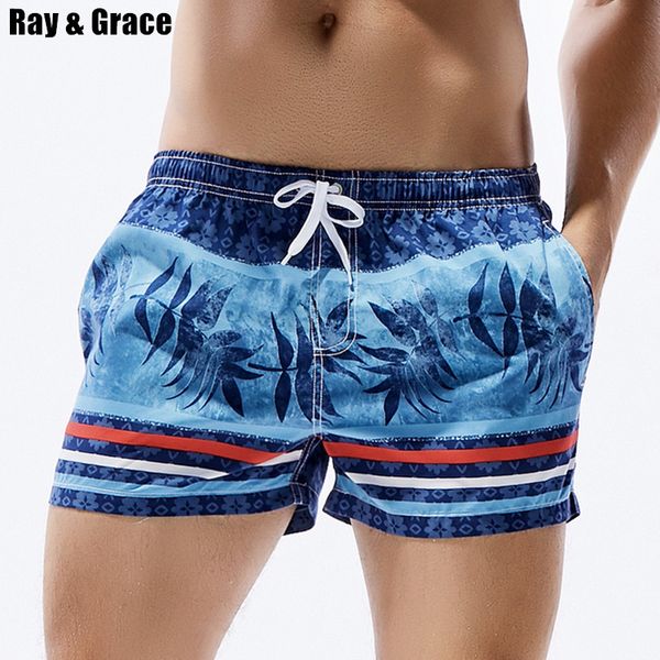 

ray grace summer surfing shorts men beach board shorts stripes leaves print low waist swimming trunks male swimwear