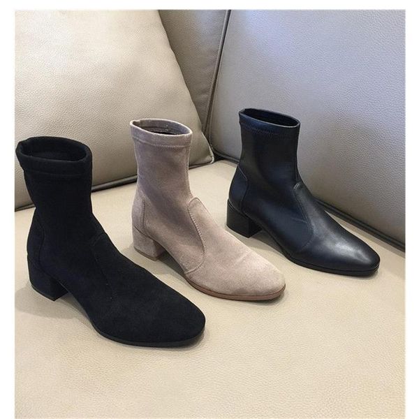 

short boots women's new boots autumn middle heel leather thick heel socks shoes elastic thin, Black