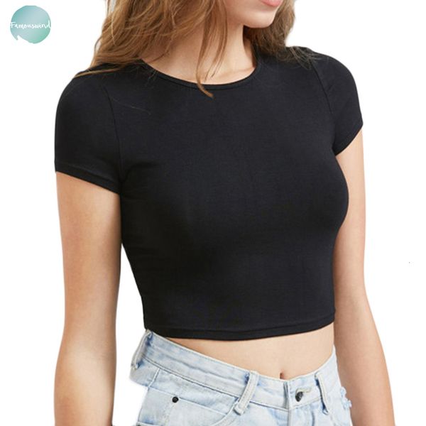 

мода чистый цвет рубашек crop top с коротким рукавом футболка женщины шеи тинейджеров t топы летние o шея тройники, White