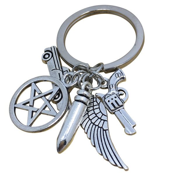 

ancient silver bullet pistol feather car pentagram charm keychain supernatural evil force creative designer keychain women men jewelry gift, Slivery;golden