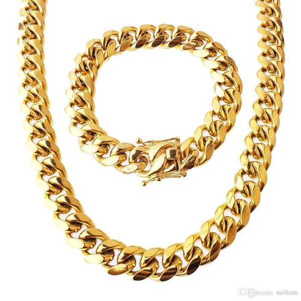 

stainless steel jewelry set quality cuban link necklace & bracelet for mens curb