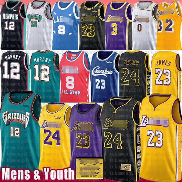 

lebron 23 6 james ja 12 morant basketball jersey los grizzlie angeles bryant shaquille 8 earvin 32 johnson o'neal anthony kyle davis ku, Black;red