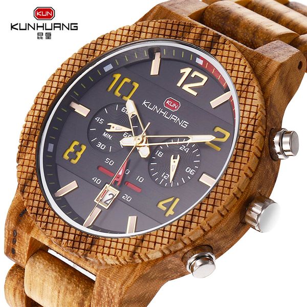 

wooden watch chronograph sport men big dial army quartz wood watches luminous clock men wrist watch relogio masculino, Slivery;brown