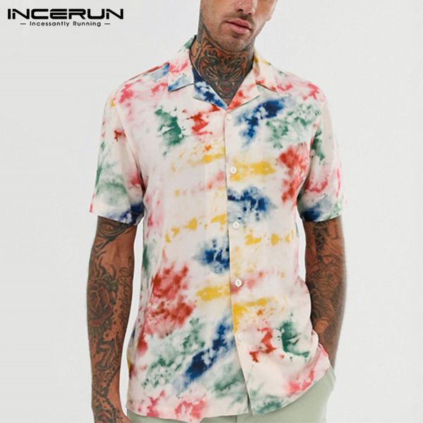 

incerun summer men shirt tie dye short sleeve camisa printed beach hawaiian shirts 2020 lapel button casual masculina streetwear, White;black