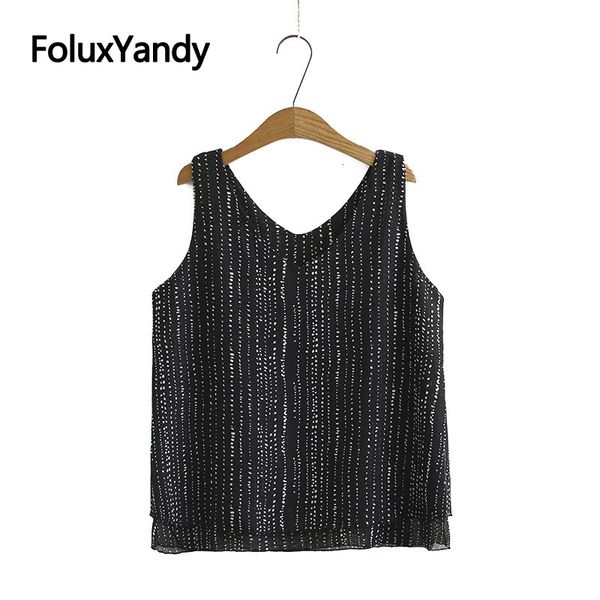 

print tanks women summer sleeveless v-neck a-line double layers chiffon tank black white kkfy4577