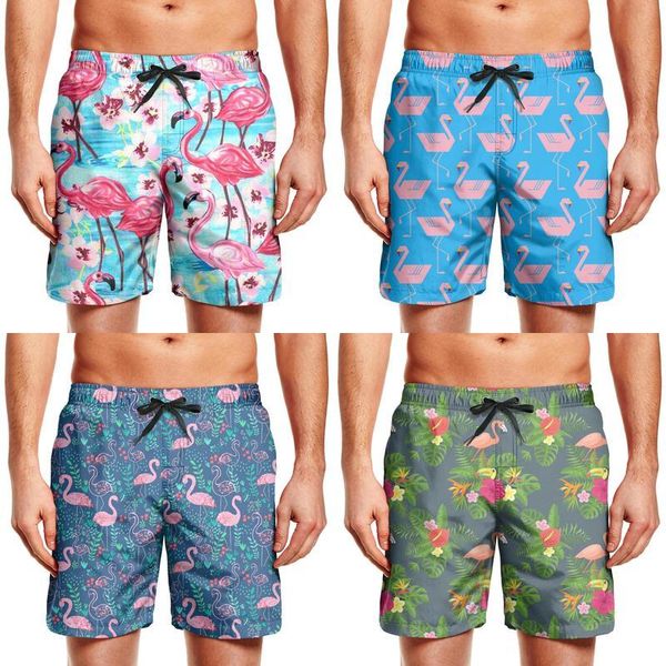 

men's swimming trunks oasis flamingo and flowers blue exercise quick dry board shorts cool pink flamingos on bright background design 1
