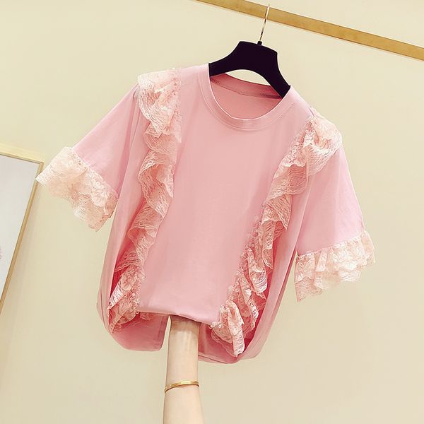 

lace t-shirt for women 2020 summer new temperament lace ruffled splicing short sleeve t-shirt female casual t shirt students top, White